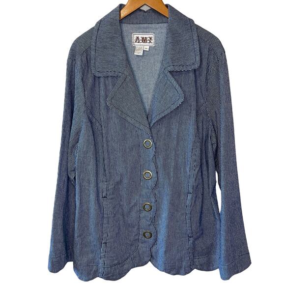 AMI Navy Blue Striped Scalloped Button Front Summer Style Jacket 1X Y2K - Picture 1 of 7